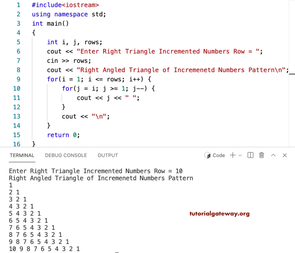 C++ Program to Print Right Triangle of Incremented Numbers