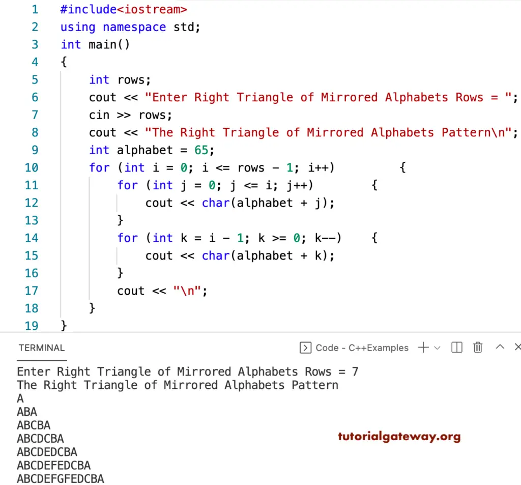 C++ Program to Print Right Triangle of Mirrored Alphabets Pattern