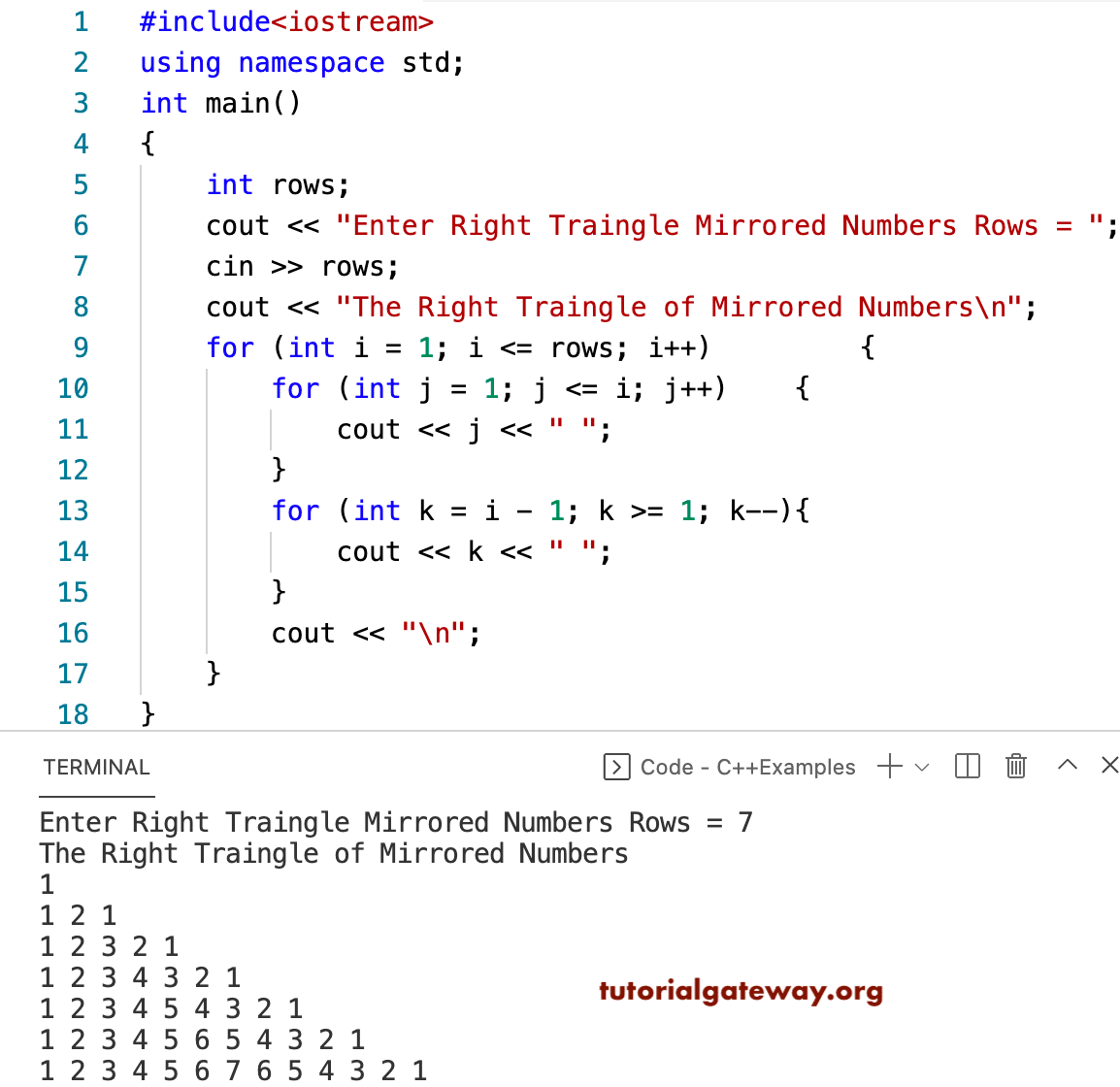 C++ Program to Print Right Triangle of Mirrored Numbers Pattern