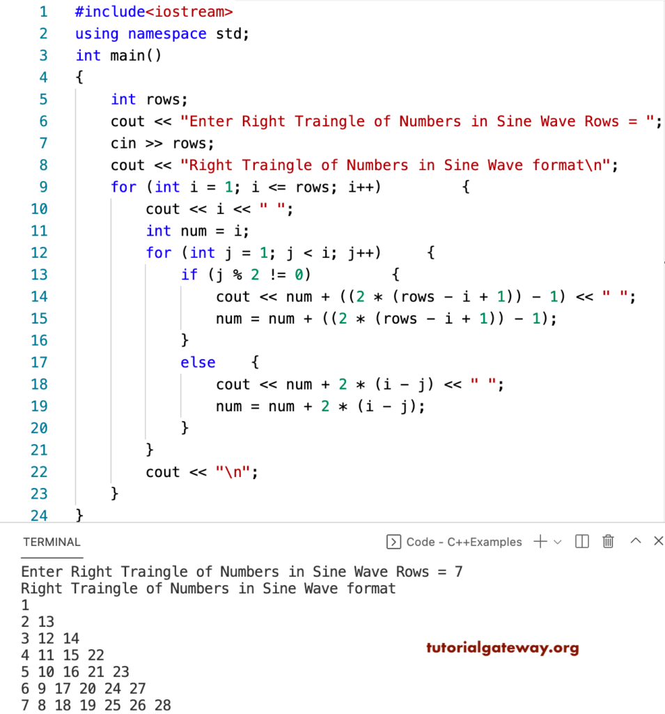 C++ Program to Print Right Triangle of Numbers in Sine Wave Pattern