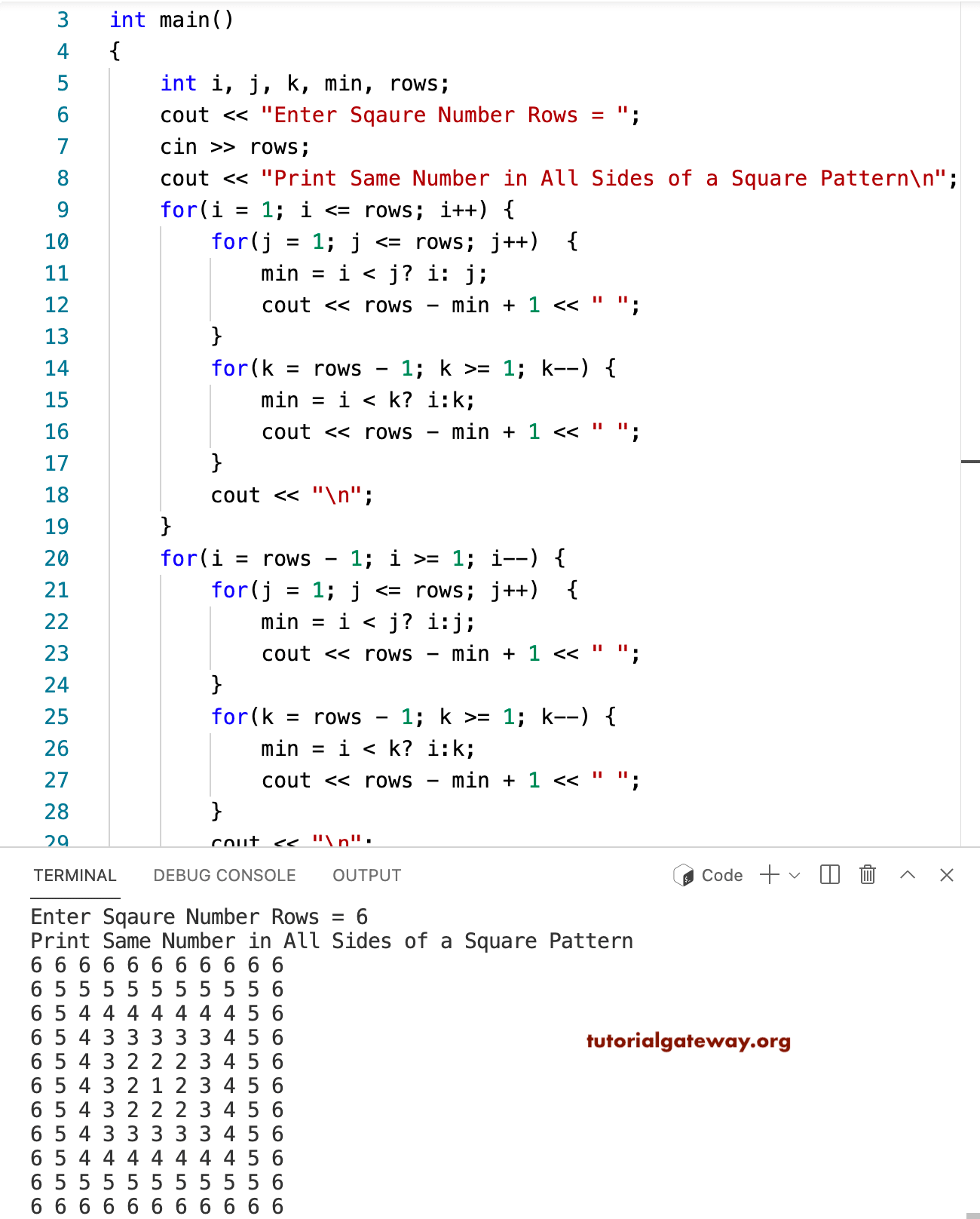 C++ Program to Print Same Numbers on all Sides of a Square