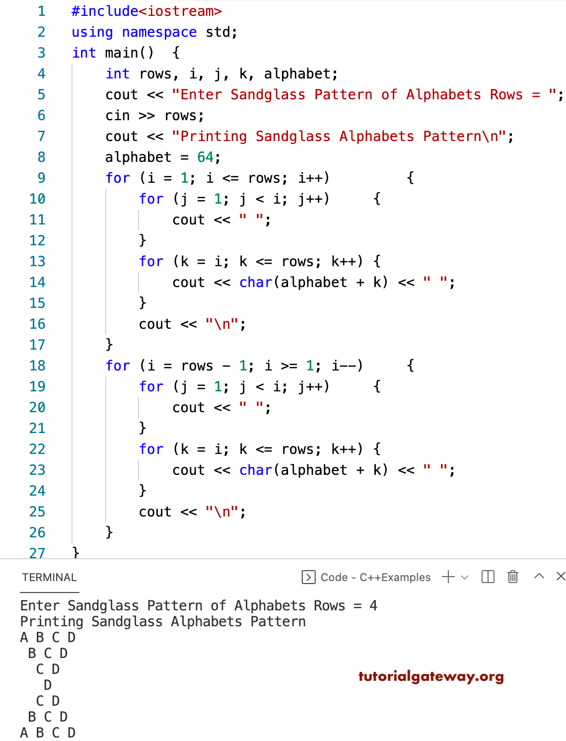C++ Program to Print Sandglass Alphabets Pattern