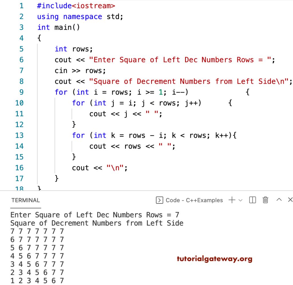 C++ Program to Print Square of Left Decrement Numbers Pattern