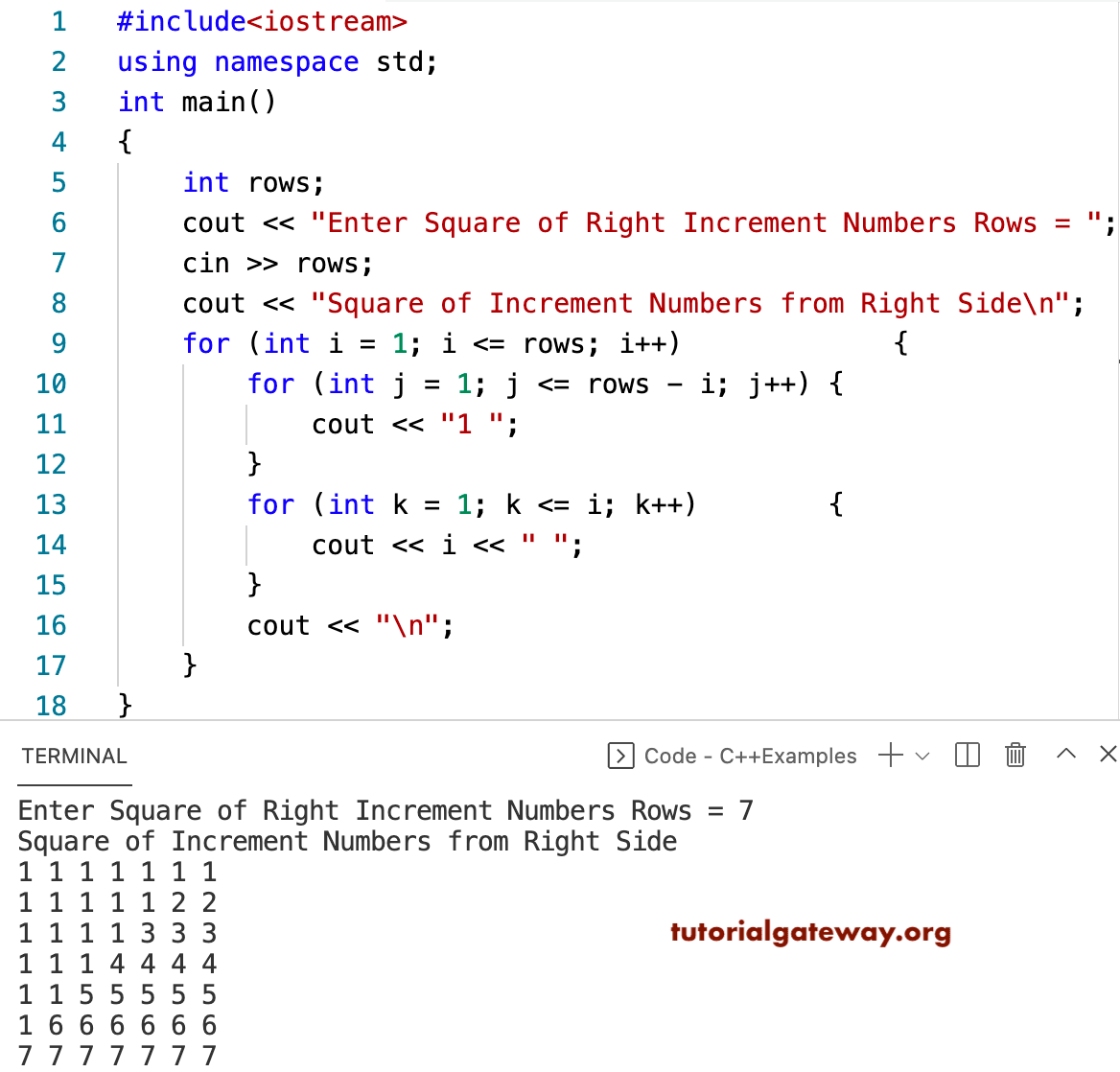 C++ Program to Print Square of Right Increment Numbers Pattern
