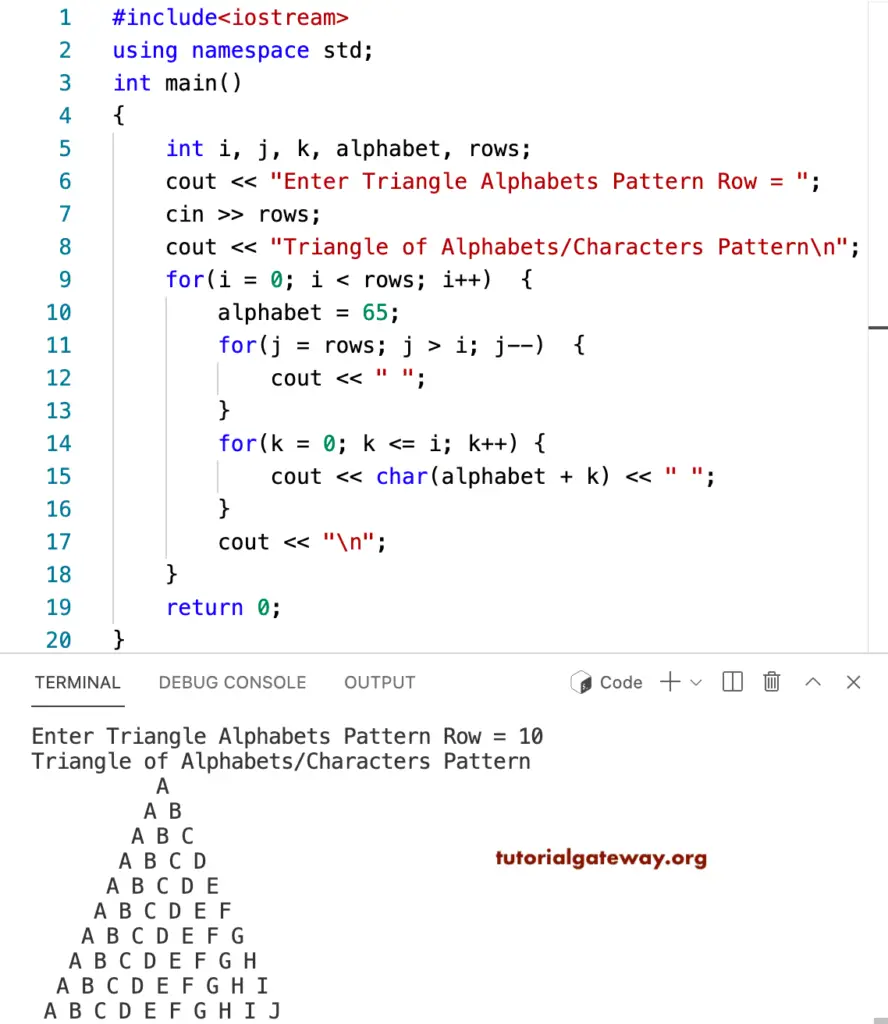 CPP Program to Print Triangle Alphabets Pattern