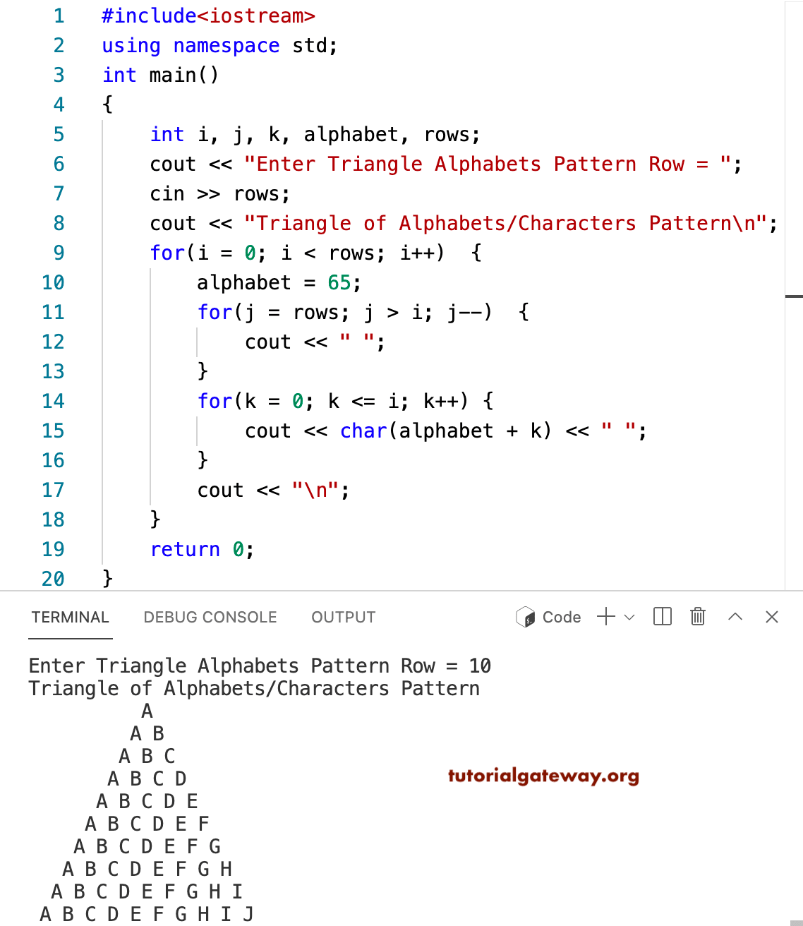 C++ Program to Print Triangle Alphabets Pattern