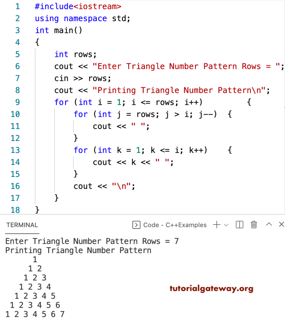 C++ Program to Print Triangle Numbers Pattern