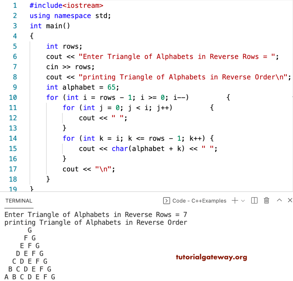 C++ Program to Print Triangle of Alphabets in Reverse Pattern