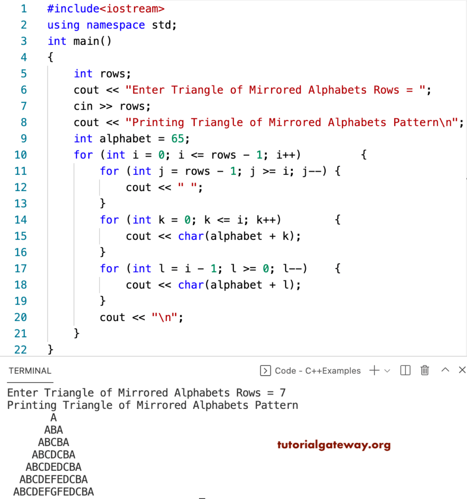 C++ Program to Print Triangle of Mirrored Alphabets Pattern