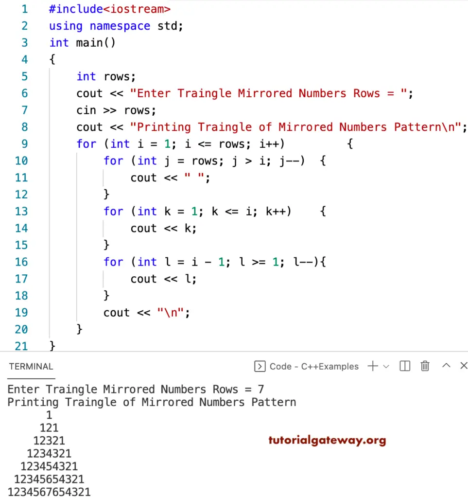 C++ Program to Print Triangle of Mirrored Numbers Pattern