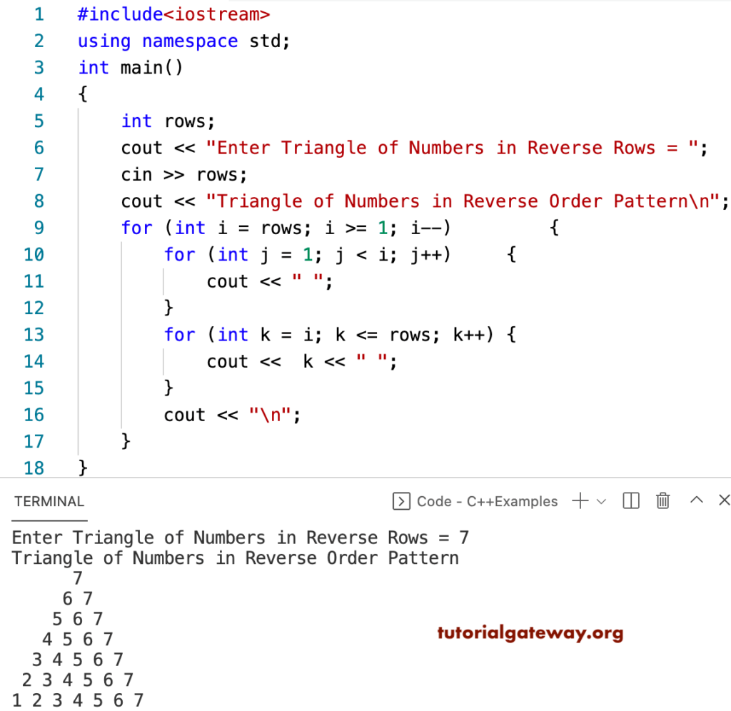C++ Program to Print Triangle of Numbers in Reverse Pattern