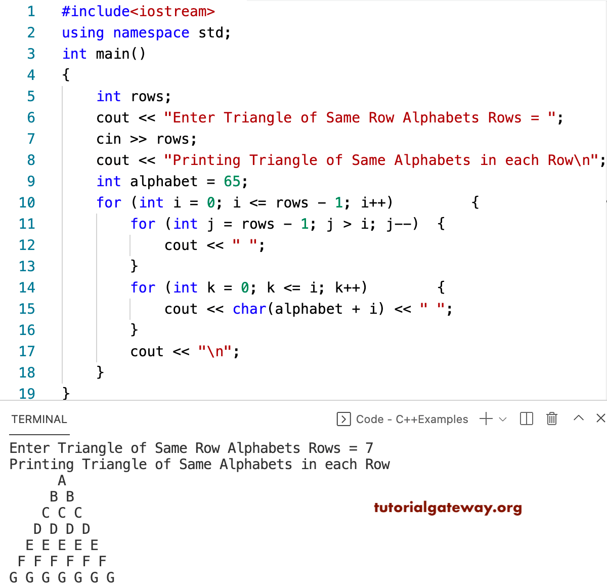C++ Program to Print Triangle of Same Alphabets Pattern