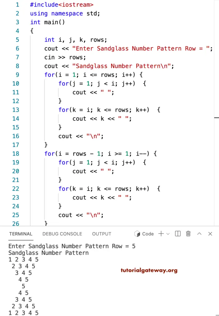 C++ program to Print Sandglass Number Pattern