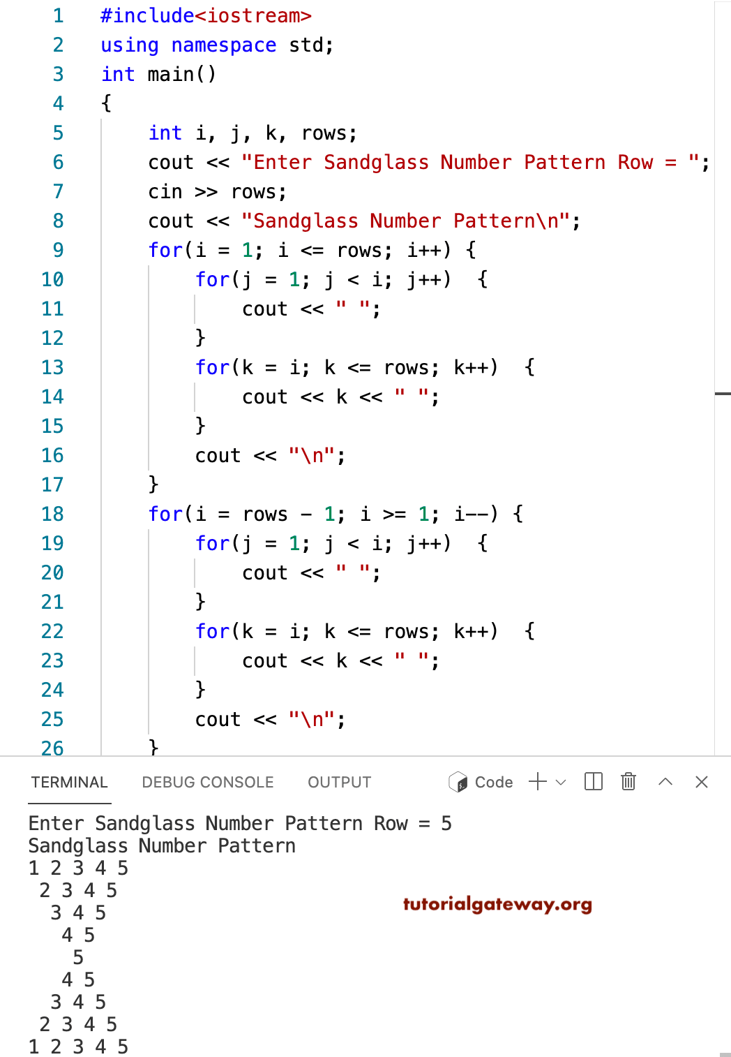 C++ program to Print Sandglass Number Pattern