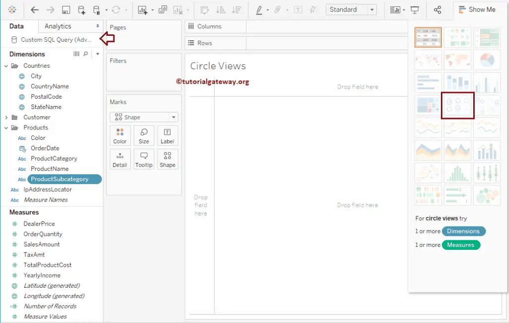 Select Circle Views in Tableau Show Me Window