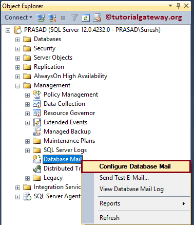 In SQL Server Object Explorer, Choose Configure Database Mail option 2