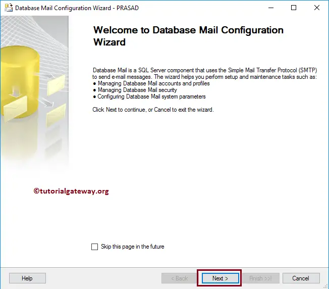 Configure SQL Server Database Mail Wizard Welcome Page 3