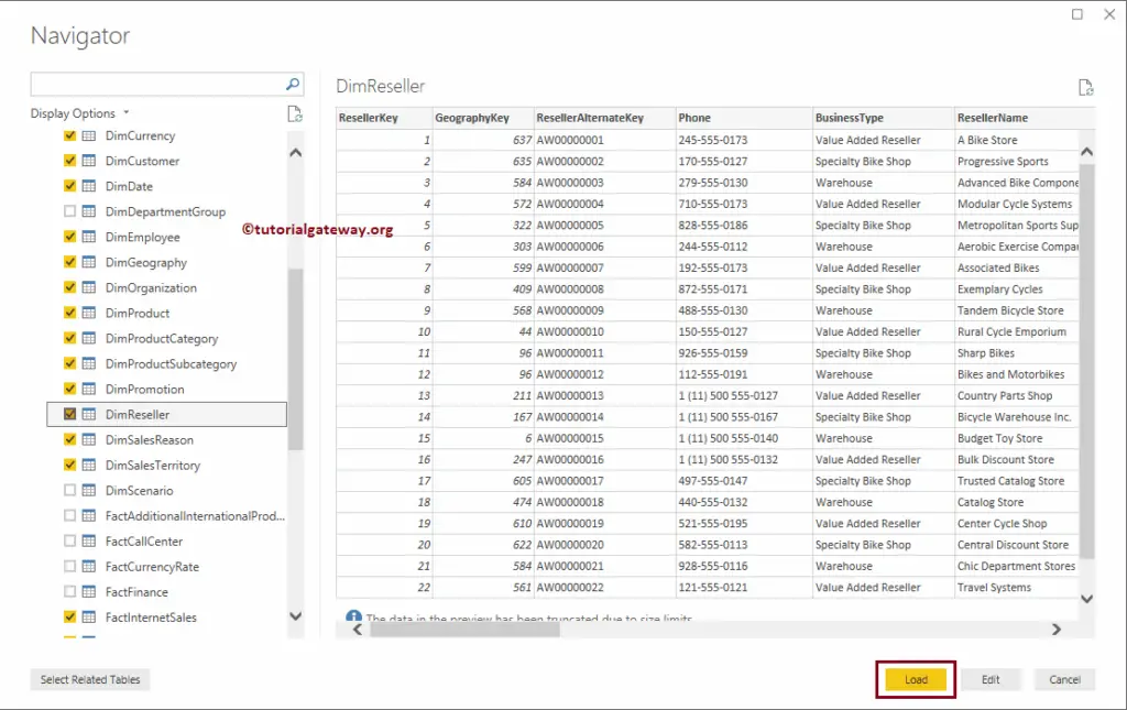 Connect Power BI to SQL Server and checkmark tables 11