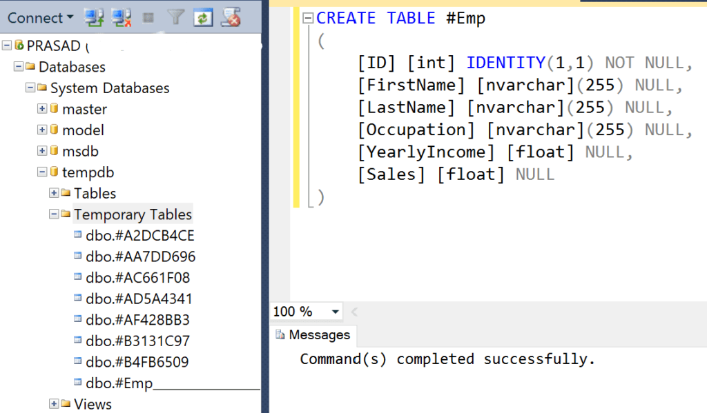 Create Local Temp Table in SQL Server 1