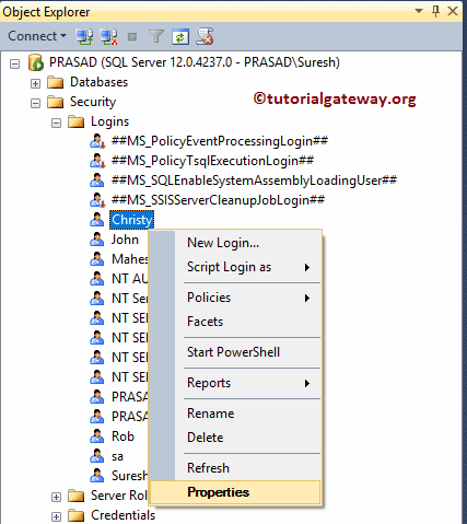 Properties of a created SQL Server Login 26
