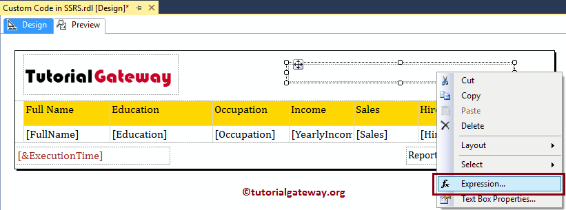 Insert Custom Code in Table Report