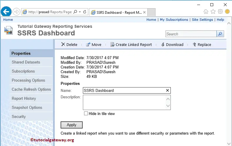 Properties of Deployed Reports using Manager