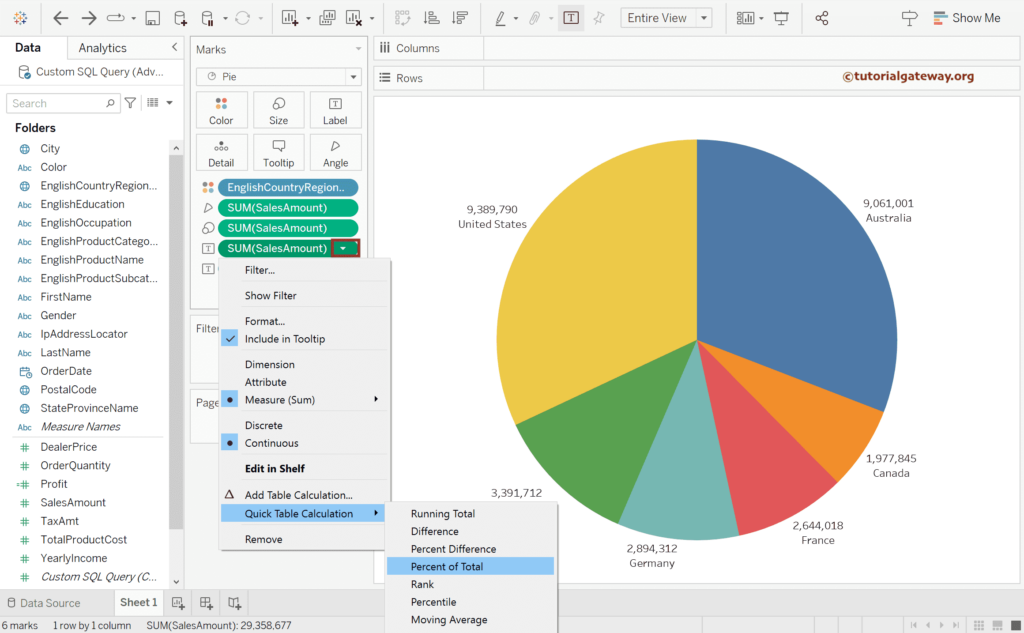 Use Quick Table Calculation to Display Percentages on Tableau Pie Chart