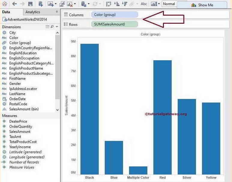 Drag fields to row and column to generate bar chart 1