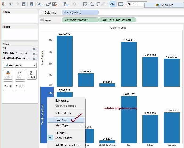 Select Tableau Dual Axis Option from Context Menu 4