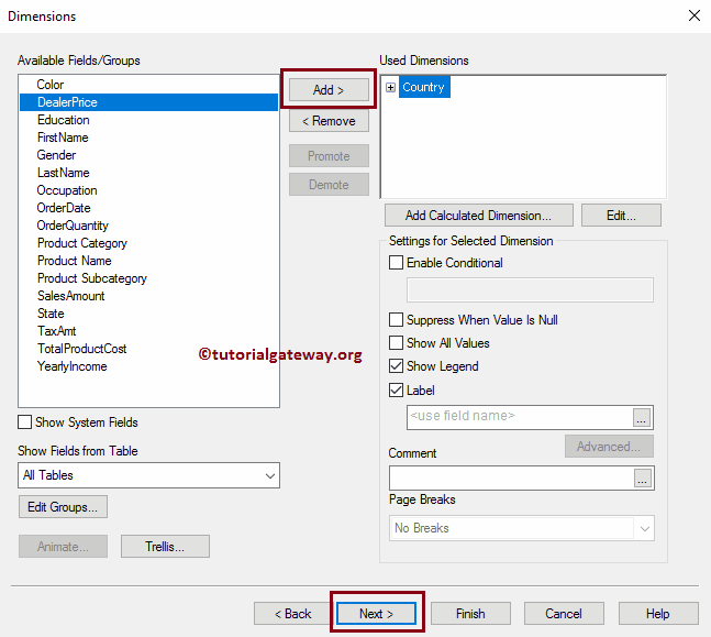 Add Fields to Used Dimensions section 6