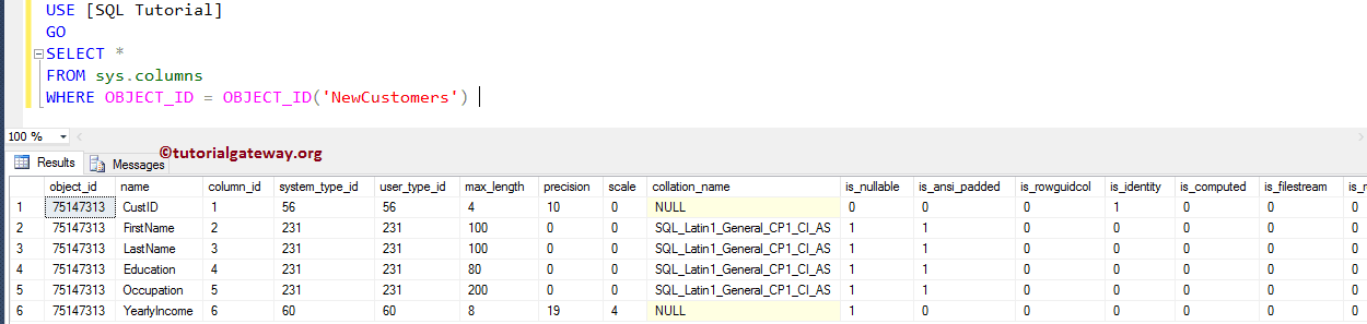 SELECT * FROM sys.columns