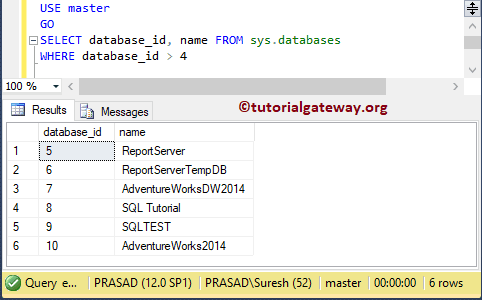 SELECT database_id, name FROM sys.databases WHERE database_id > 4