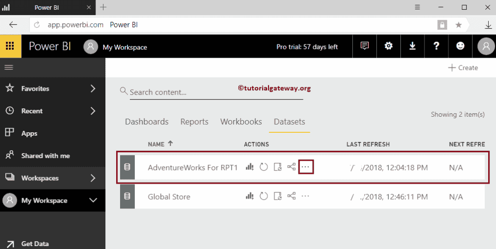 Go To the Datasets tab in My workspace 1