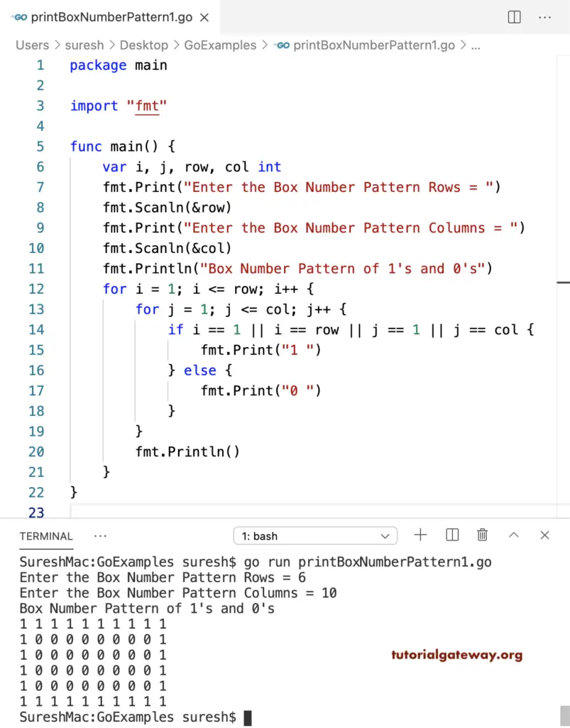 Go Program to Print Box Number Pattern of 1 and 0 1