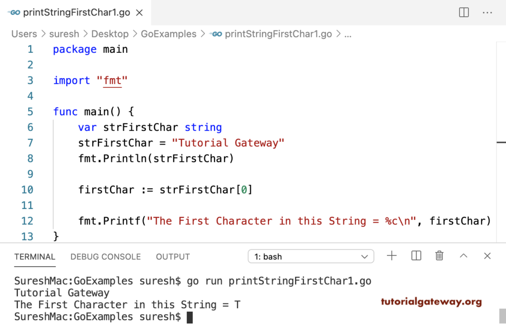 Go Program to Print First Character in a String 1