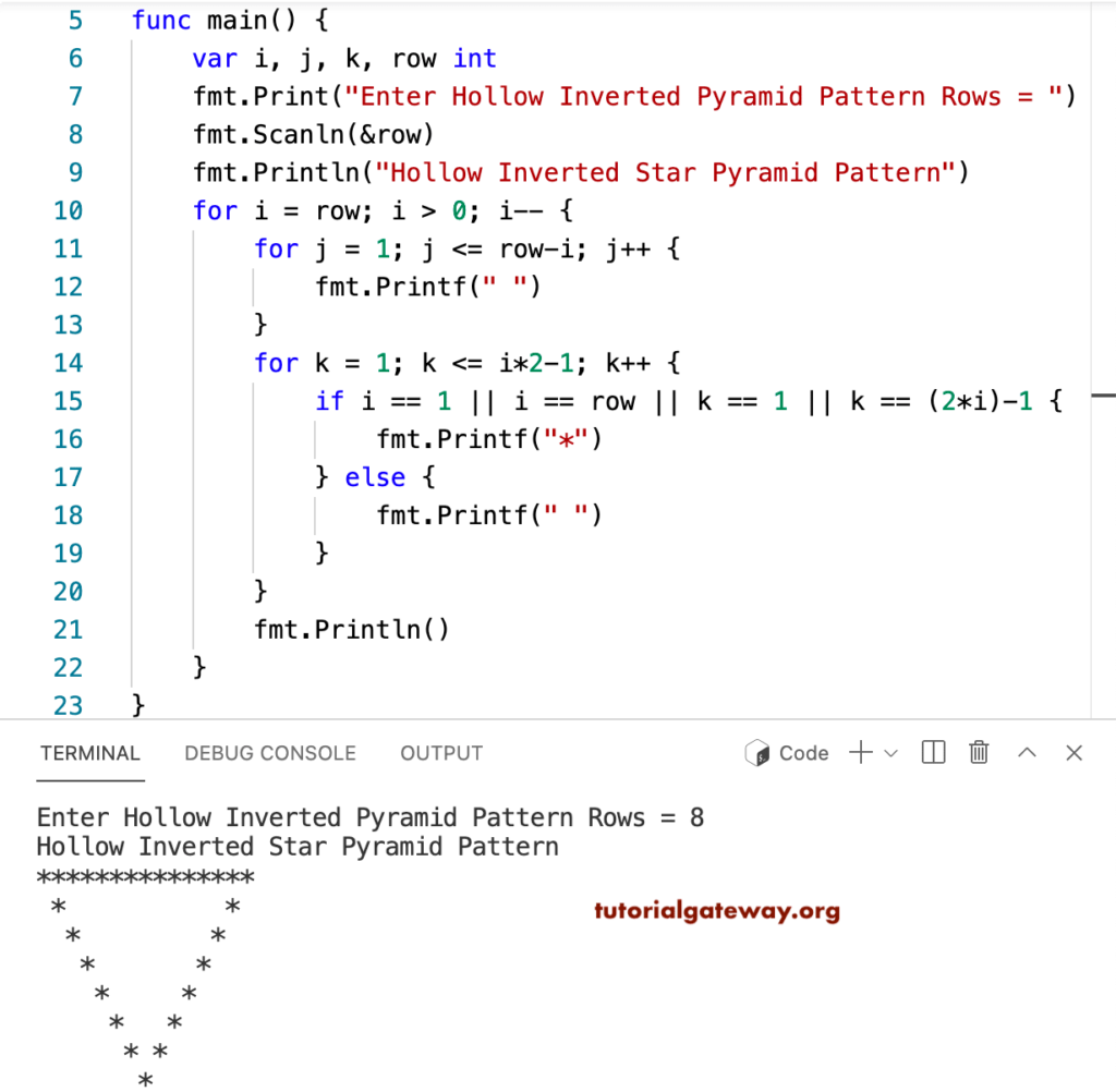Go Program to Print Hollow Inverted Star Pyramid Pattern