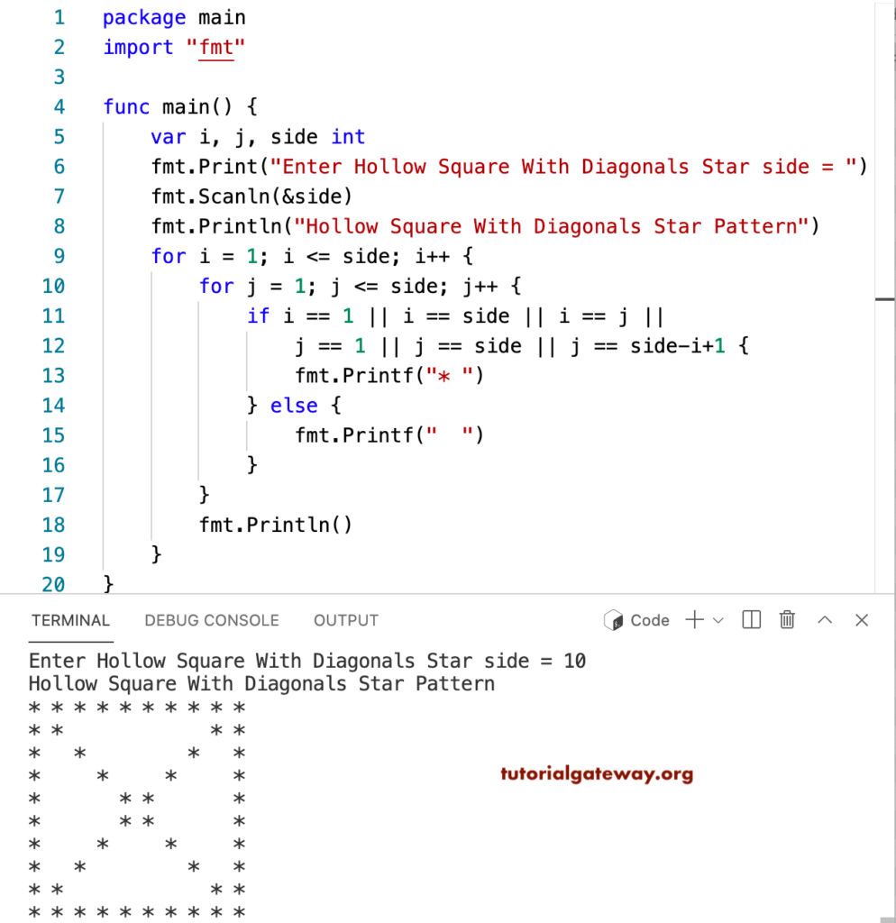 Go Program to Print Hollow Square with Diagonals Star Pattern
