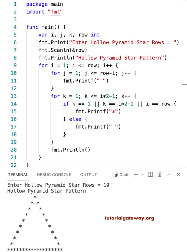 Go Program to Print Hollow Star Pyramid Pattern