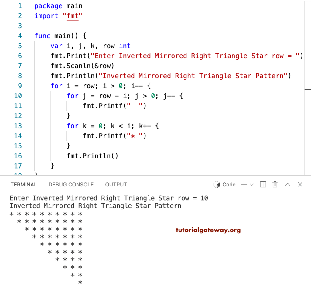 Go Program to Print Inverted Mirrored Right Triangle Star Pattern