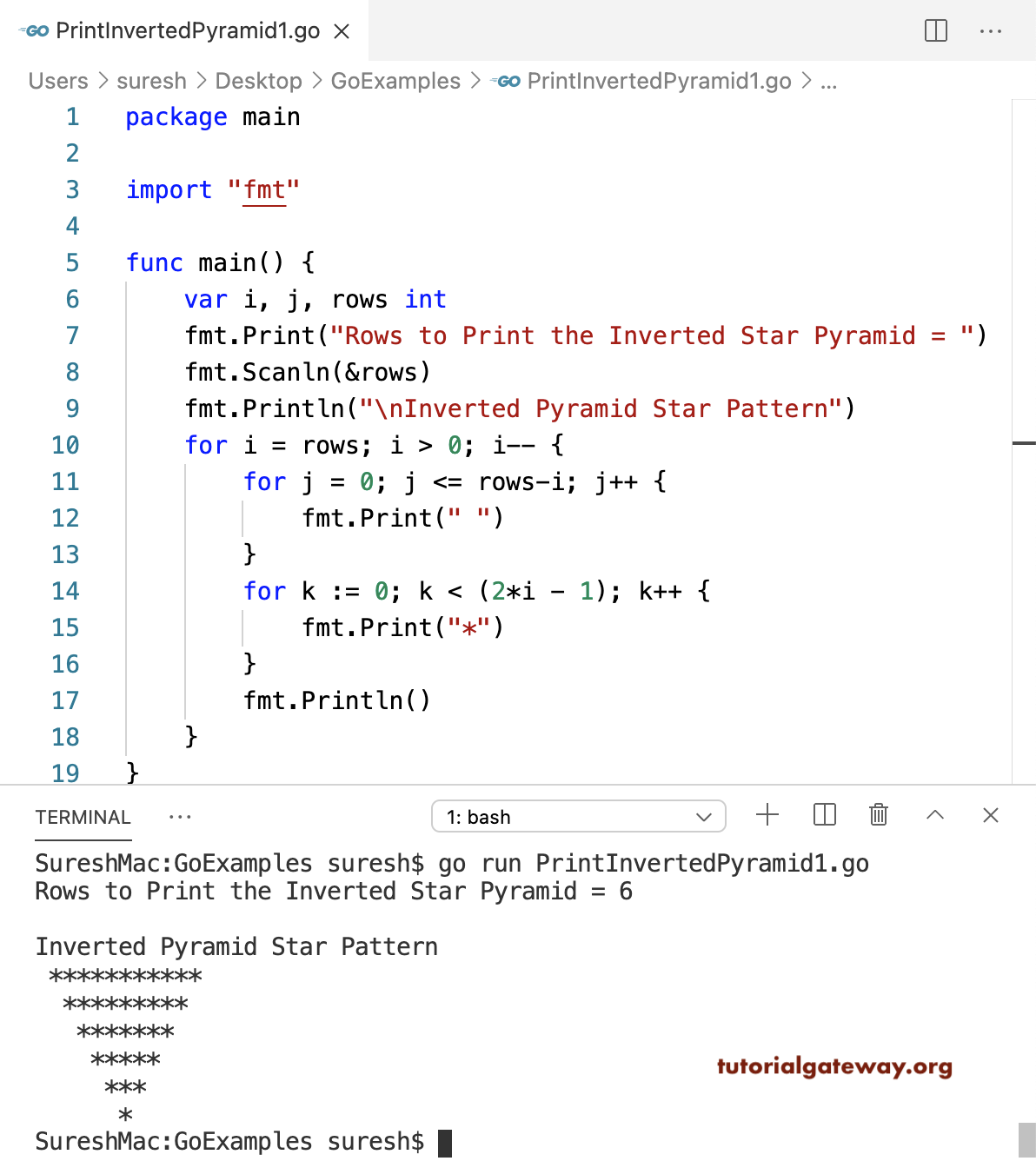 Go Program to Print Inverted Pyramid Star Pattern 1