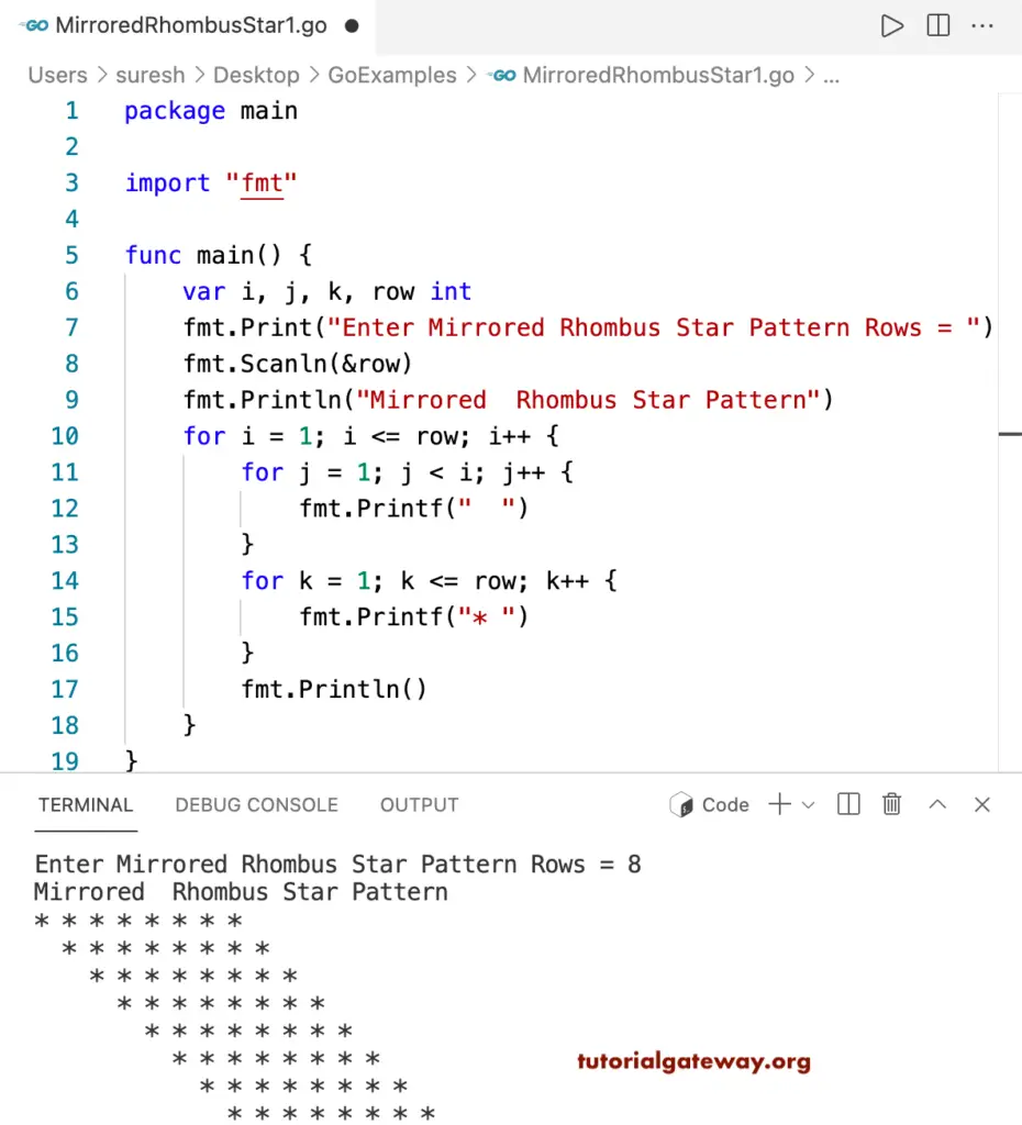 Go Program to Print Mirrored Rhombus Star Pattern