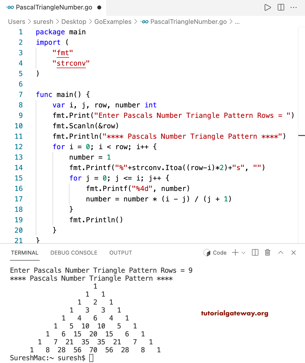 Go Program to Print Pascal Triangle