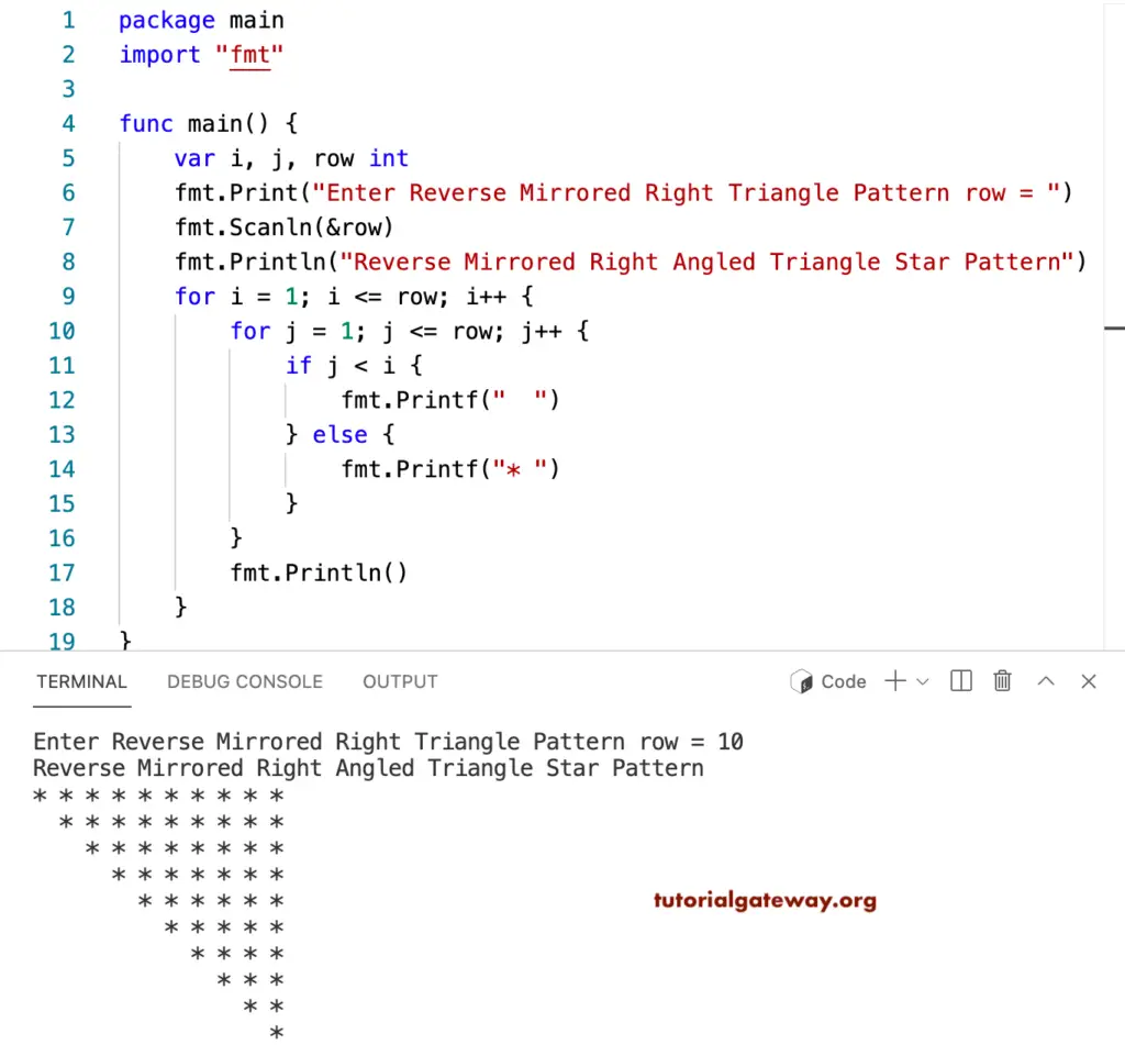 Go Program to Print Reverse Mirrored Right Triangle Star Pattern