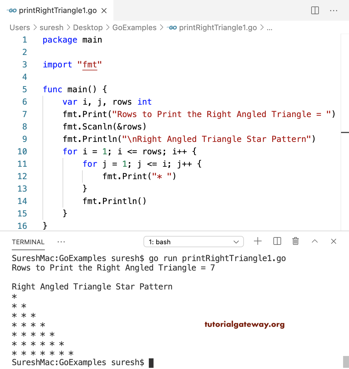 Go Program to Print Right Angled Triangle Star Pattern 1