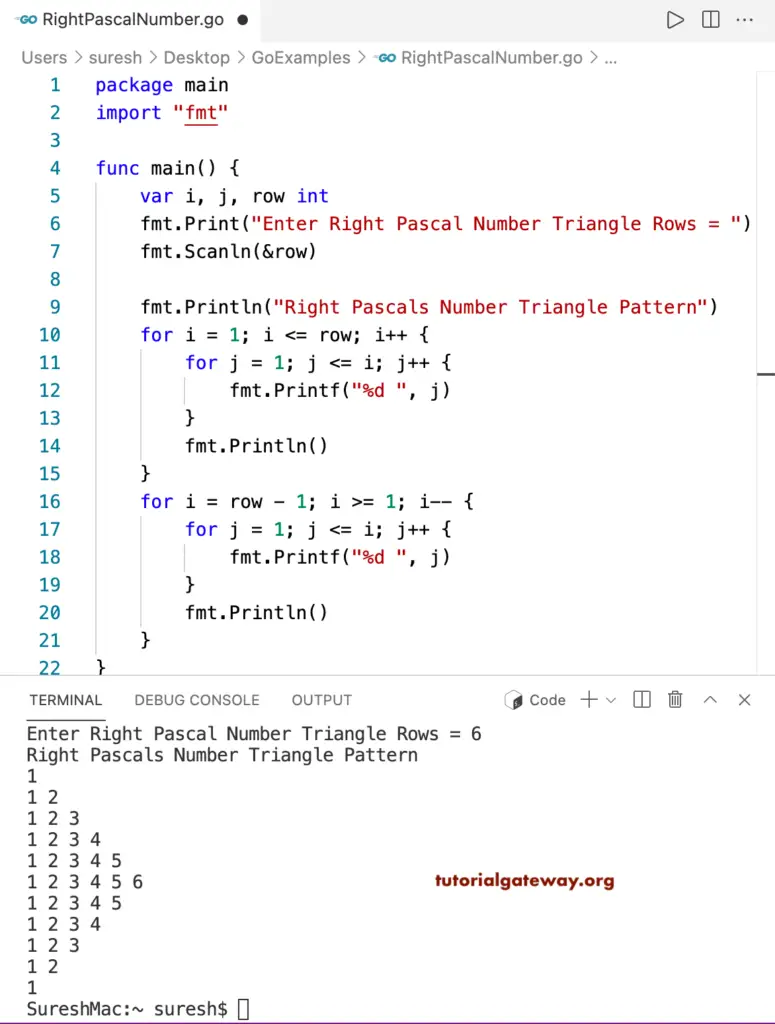 Go Program to Print Right Pascals Number Triangle