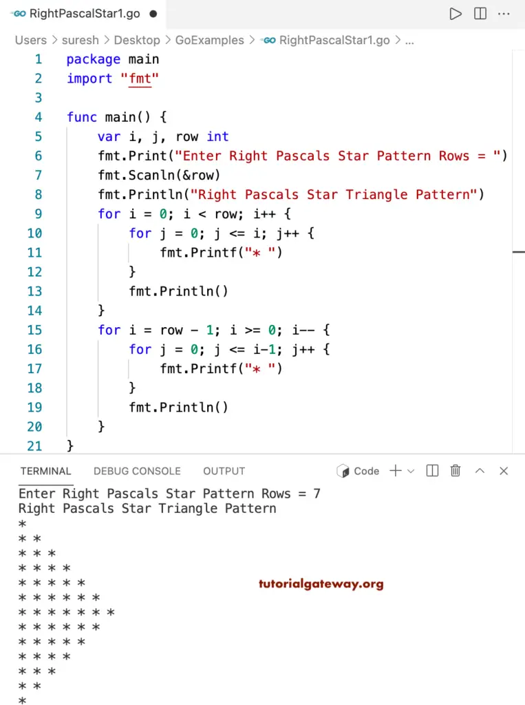 Go Program to Print Right Pascals Star Triangle
