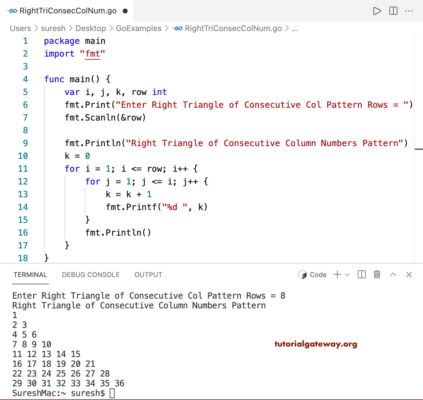 Go Program to Print Right Triangle of Consecutive Column Numbers