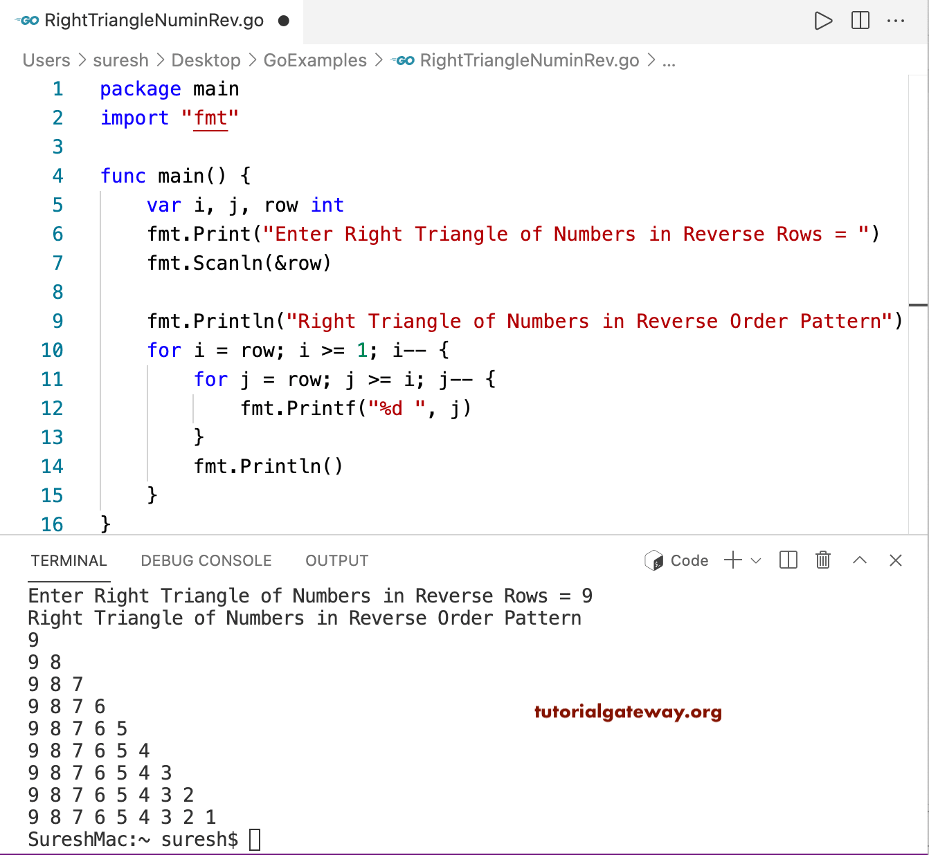 Go Program to Print Right Triangle of Numbers in Reverse