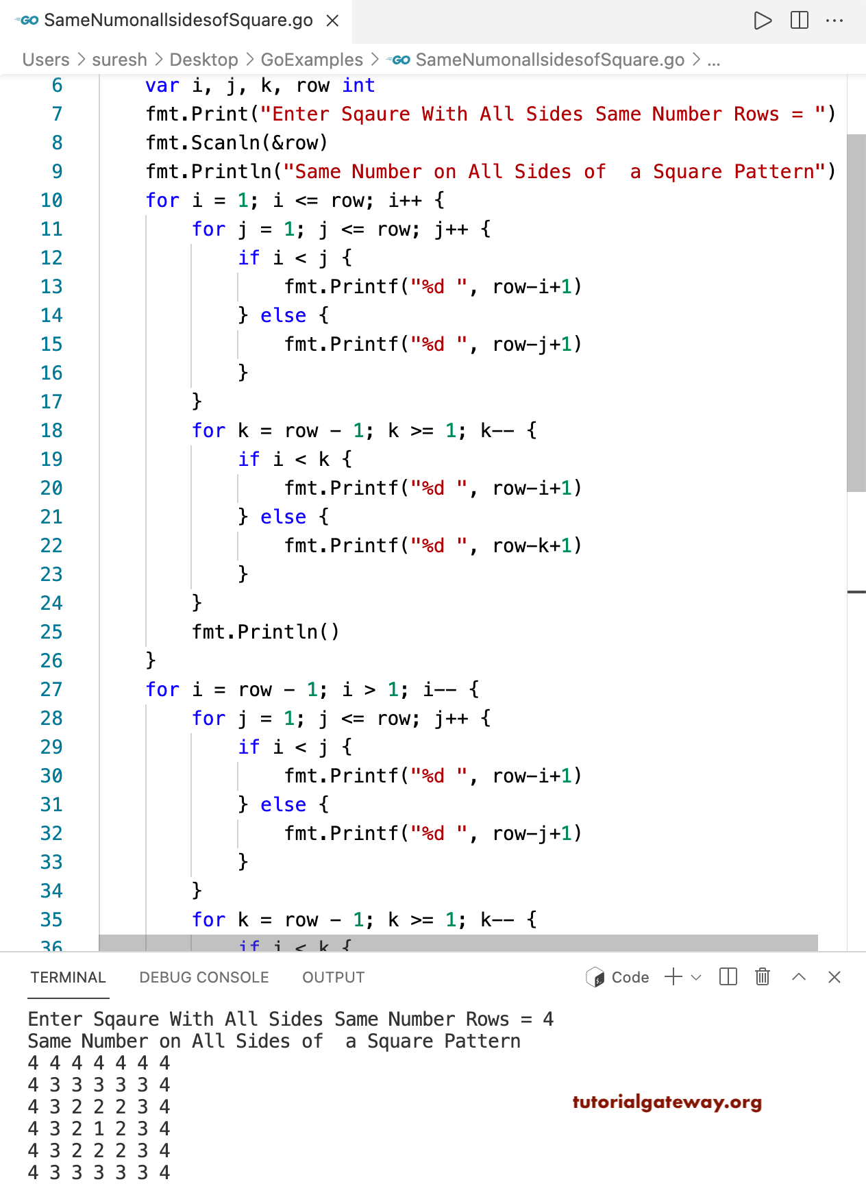 Go Program to Print Same Numbers on all Sides of a Square