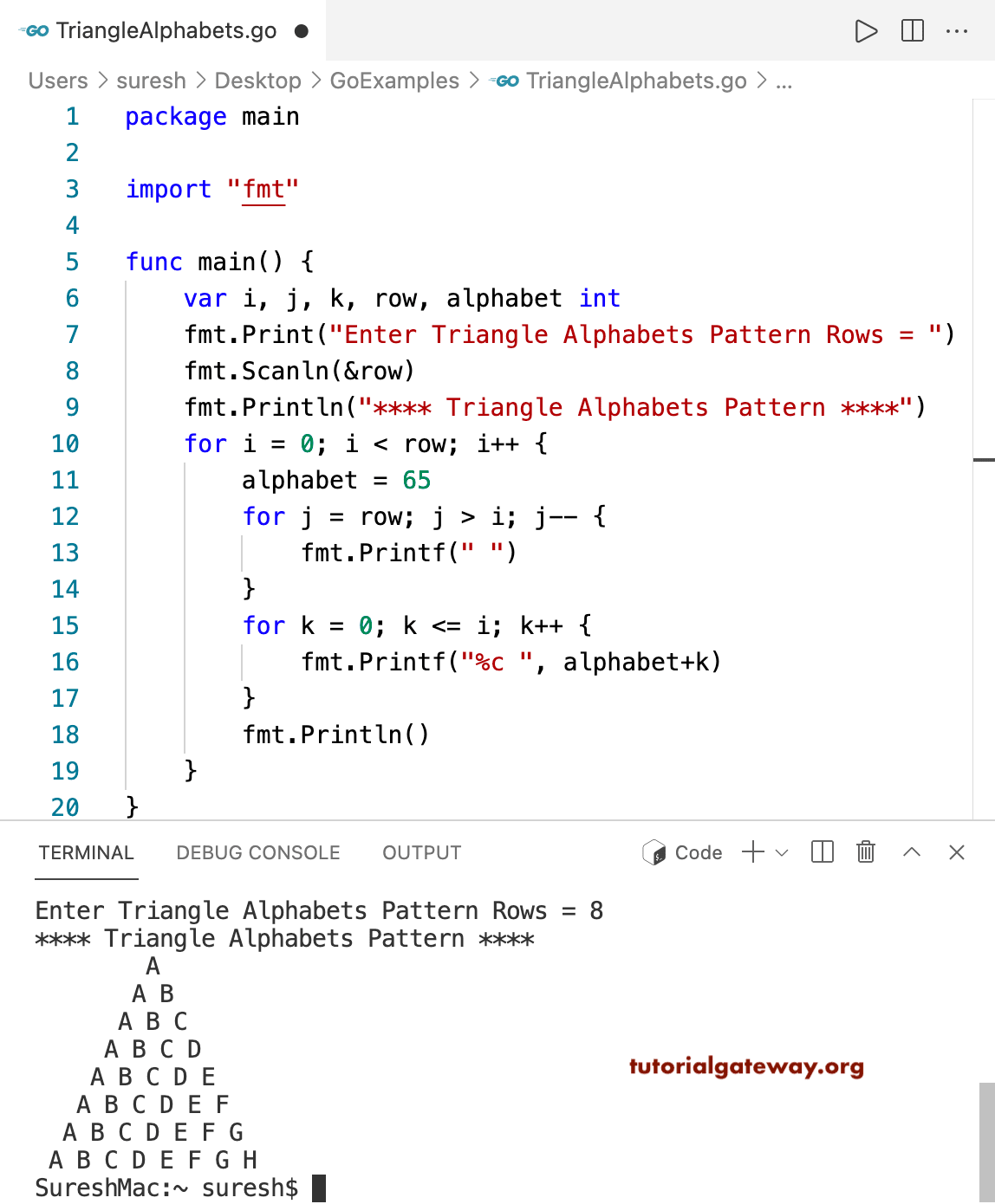 Go Program to Print Triangle Alphabets Pattern
